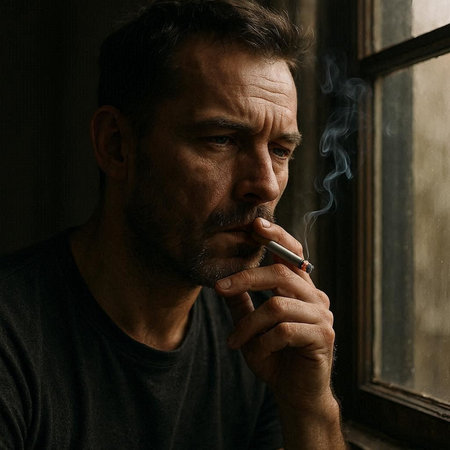 Portrait of a man smoking a cigarette by the window in the darkの写真素材