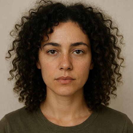Portrait of a young woman with curly hair looking at the cameraの写真素材