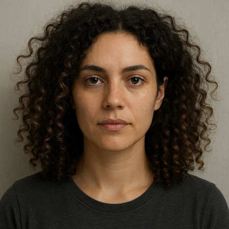 Portrait of a young woman with curly hair against a gray background