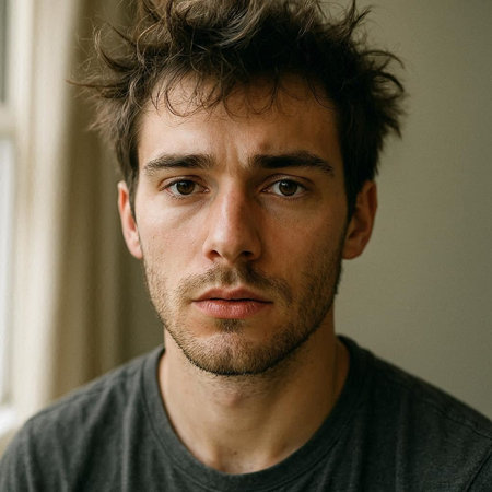 Portrait of a young man looking at the camera with a serious expressionの写真素材