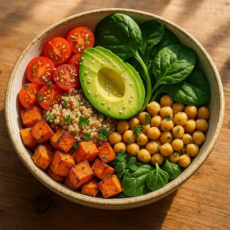 Buddha bowl with quinoa, chickpeas, avocado, tomatoes and spinach on wooden background