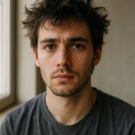 Portrait of a handsome young man in a grey t-shirt.