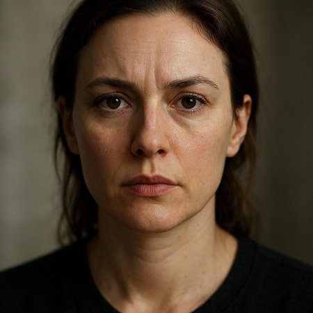 Portrait of a woman with a sad look on her face.