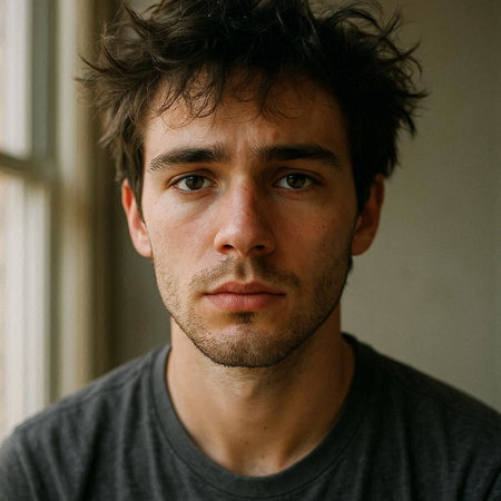 Portrait of a handsome young man with dark hair, wearing a gray t-shirt.