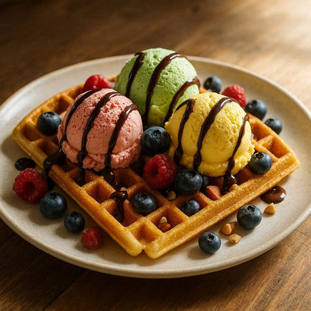 Waffles with ice cream and berries on a plate. Selective focus.