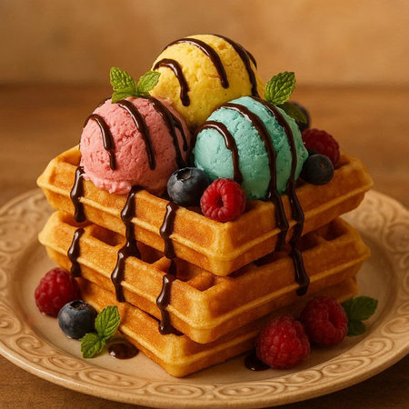 Waffles with ice cream, berries and chocolate on a wooden backgroundの写真素材