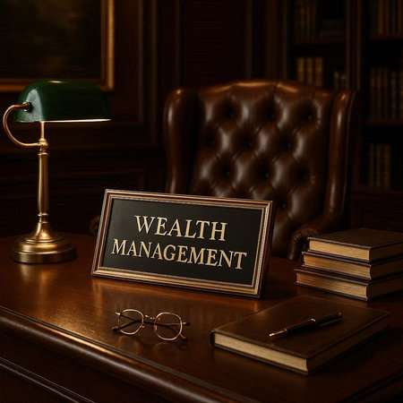 Wooden desk with a blackboard with the german words Wedding Management
