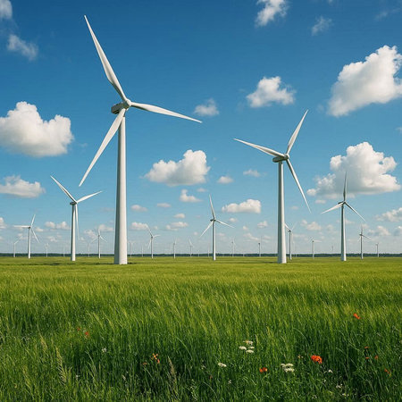 Wind turbines on a green meadow with flowers and clouds in the sky