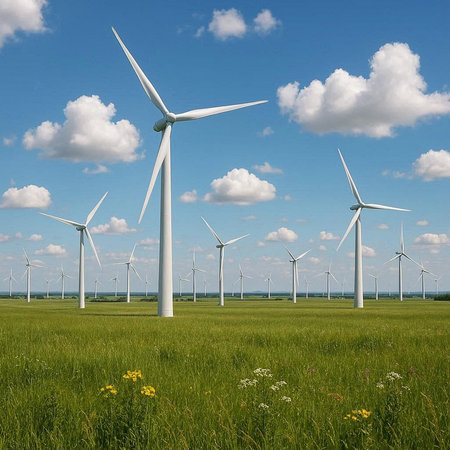 Wind turbines on a green meadow with dandelions and flowers