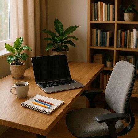 Laptop with blank screen on table at home office. Work from home concept.の写真素材
