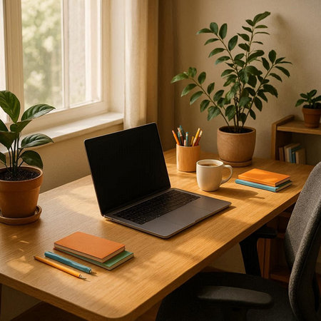 Workplace with laptop, coffee cup, books and plants on wooden tableの写真素材