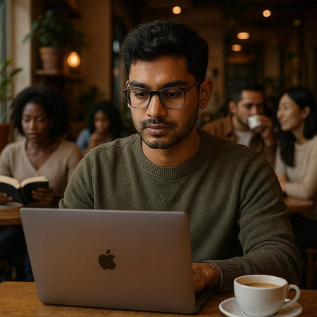 Young indian man using laptop and drinking coffee in coffee shop.