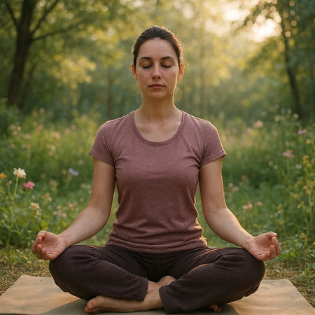 Young woman practicing yoga in the park. Concept of healthy lifestyle and relaxation.の写真素材
