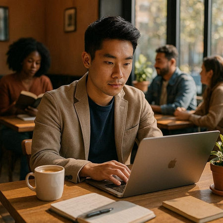 young asian man using laptop in coffee shop with friends on background