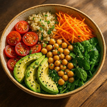 Healthy salad bowl with quinoa, chickpeas, tomatoes, avocado and spinach on wooden tableの写真素材