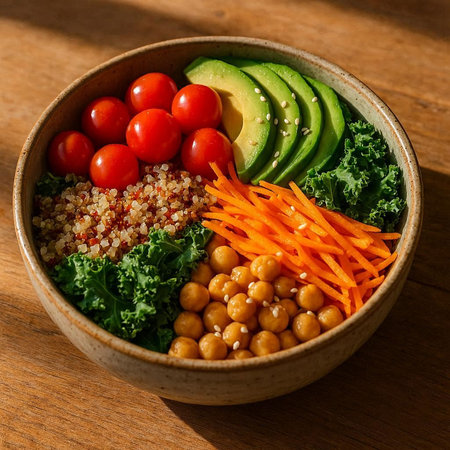 Healthy salad bowl with quinoa, avocado, chickpeas, cherry tomatoes and lettuce