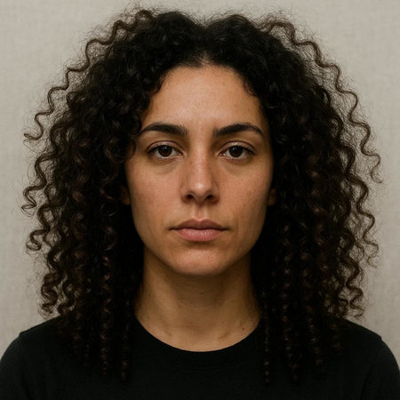 Portrait of a young woman with long curly hair against a gray backgroundの写真素材