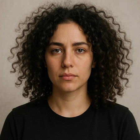 Portrait of a young woman with curly hair and black t-shirt