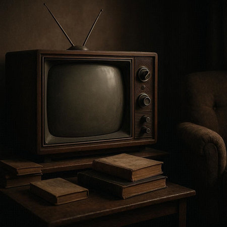 Vintage TV and books on a brown background. 3d rendering