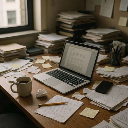 Laptop and documents on the table in the office. Work from home conceptの写真素材