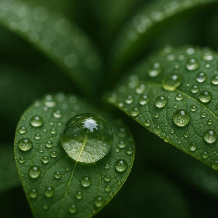 Water drops on a green leaf. Shallow depth of field.