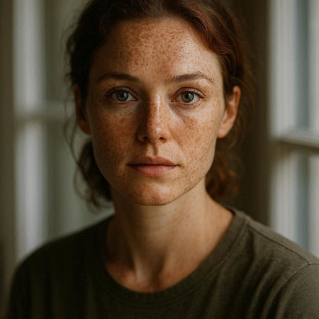 Portrait of a young woman with freckles on her faceの写真素材