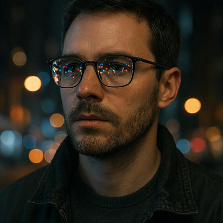 Portrait of handsome young man with glasses against night city lights.の写真素材