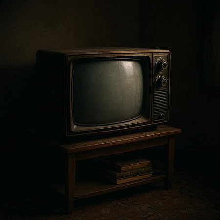 Vintage TV on a wooden table. Dark background. Toned.の写真素材