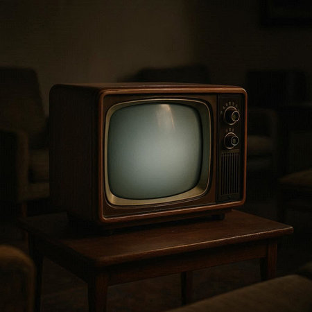 Retro TV on a wooden table in a room with a dark background