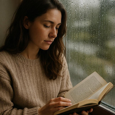 Woman reading a book by the window in rainy day. Young woman reading a book.