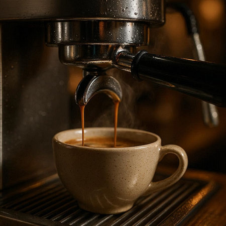 Coffee machine making espresso in a cup, close-upの写真素材