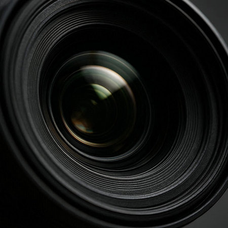 close up of a camera lens with shallow DOF and black background