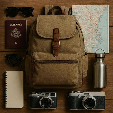 Overhead view of backpack, camera, map and sunglasses on wooden background