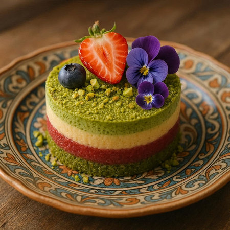 Green tea cake with strawberries and violets, selective focus.