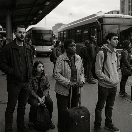 Portrait of a group of people waiting for a bus at the bus stop