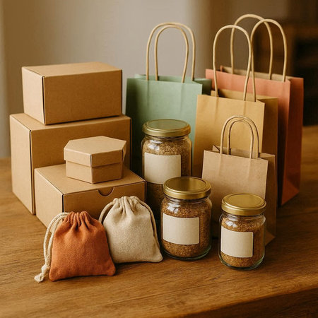 Gift boxes, jars and bags on a wooden table in the kitchen