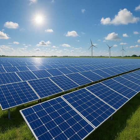 Solar energy panels and wind turbines. Alternative energy source. 3d render