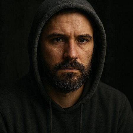 Portrait of a man with a beard in a hood on a black backgroundの写真素材