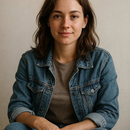 Portrait of a young woman with long brown hair in a denim jacket