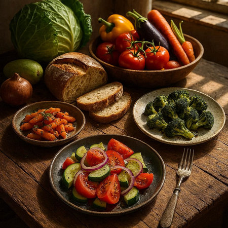 Healthy breakfast with fresh vegetables and bread on rustic wooden table