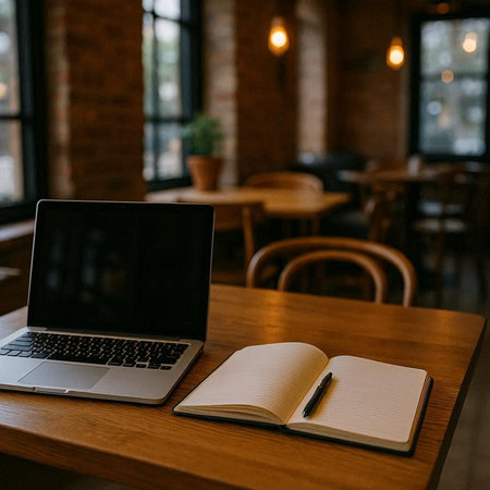 Laptop and notebook on a wooden table in a coffee shop.