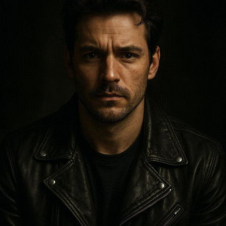 Portrait of a handsome man in a leather jacket on a dark background