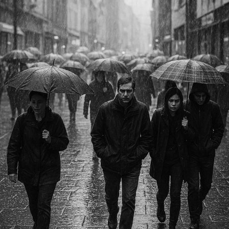 Group of people with umbrella in the rain. Black and white.の写真素材