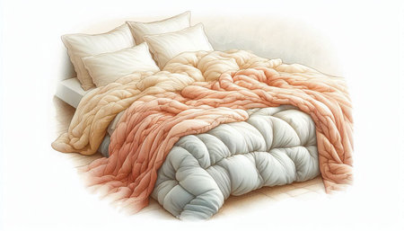 Bed with beige and orange pillows on a white background.