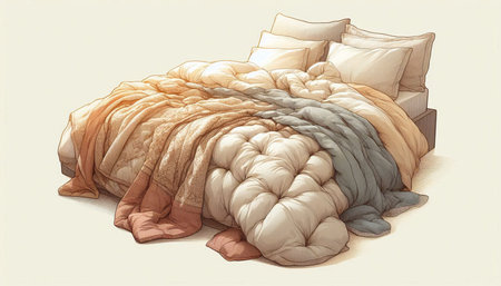 3D rendering of a set of beige, brown and beige pillows on the bed