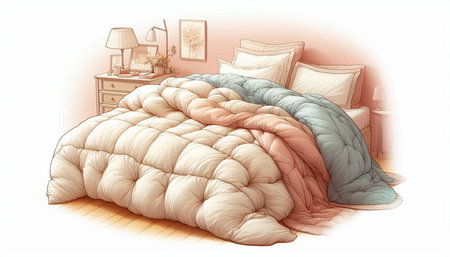 Illustration of a bed with pillows and pillows in a bedroom
