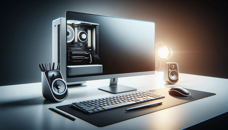 Gadgets and gadgets on a desk. 3D rendering.