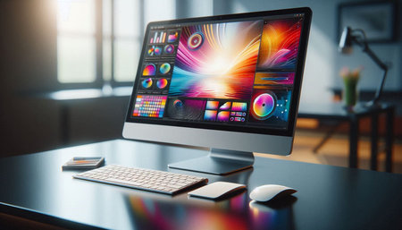 Modern office desktop with computer, mouse and keyboard. Blurred background