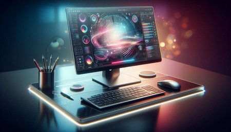 Modern laptop with glowing screen and mouse on dark background 3D rendering