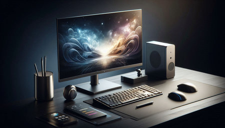 Computer screen and office supplies on wooden desk. 3D Rendering
